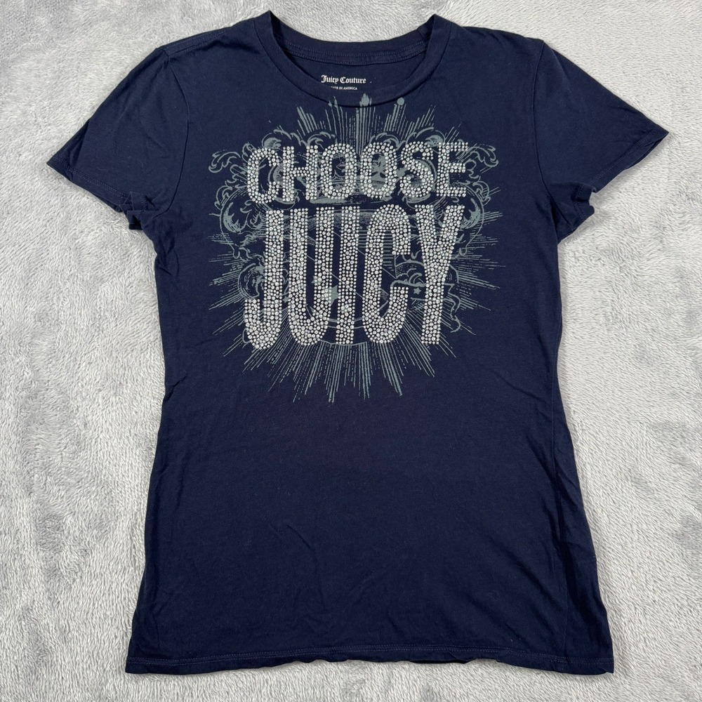 Juicy Couture T-Shirt Women S Navy Choose Juicy Rhinestone Y2K Graphic Made USA